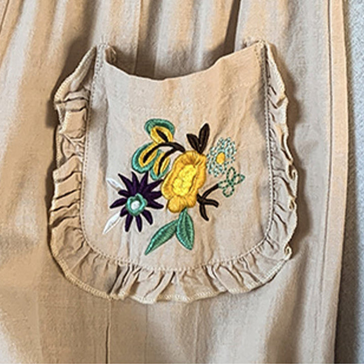 Buddha Stones Lässige beige Stickerei Damenhose aus Baumwollleinen mit weitem Bein und Taschen - image 9