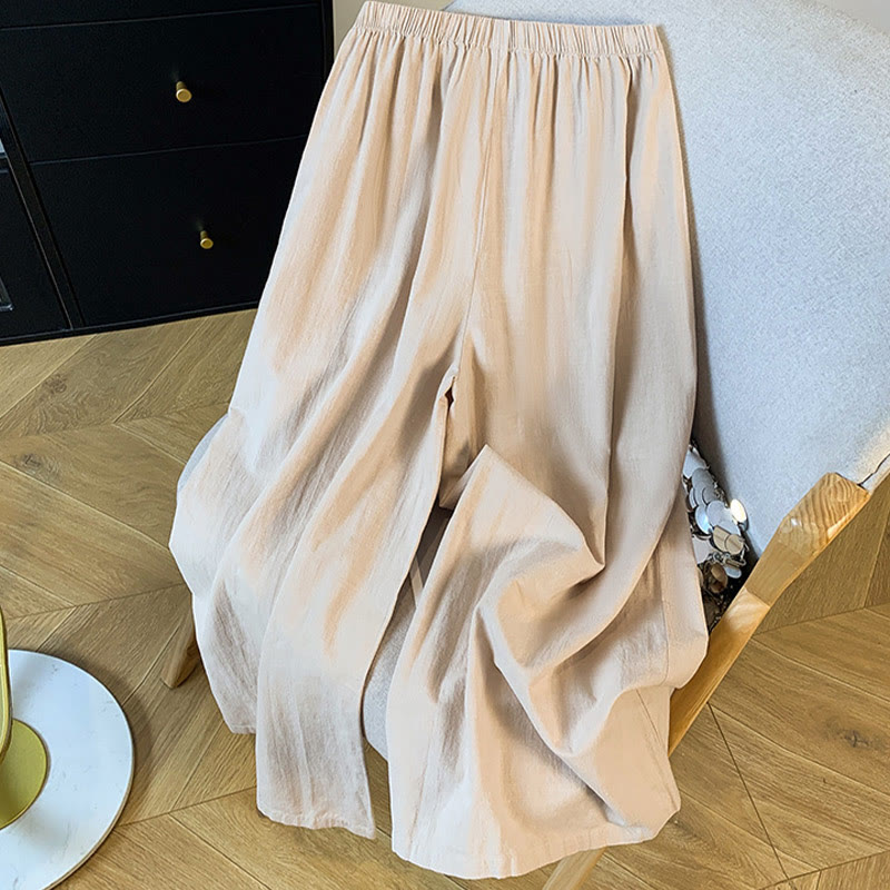 Buddha Stones Lässige beige Stickerei Damenhose aus Baumwollleinen mit weitem Bein und Taschen - image 1