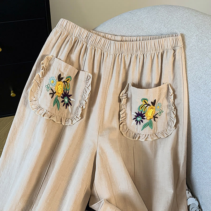 Buddha Stones Lässige beige Stickerei Damenhose aus Baumwollleinen mit weitem Bein und Taschen - image 4