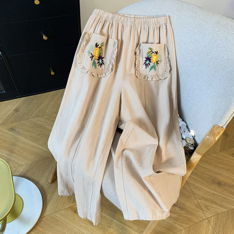 Buddha Stones Lässige beige Stickerei Damenhose aus Baumwollleinen mit weitem Bein und Taschen - Beige - US8-10, UK/AU12-14, EU40-42 (2XL) - image 1
