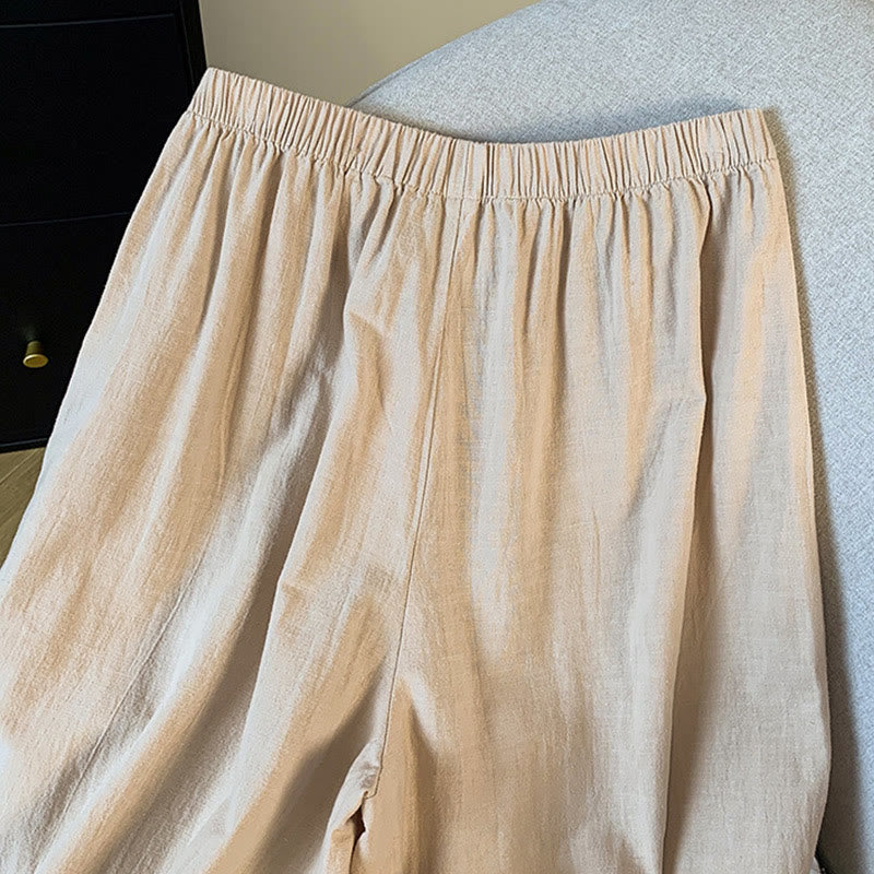 Buddha Stones Lässige beige Stickerei Damenhose aus Baumwollleinen mit weitem Bein und Taschen - image 6