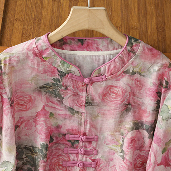 Buddha Stones Printing Floral Plain Chinese Frog-Button Damen Baumwolle Dreiviertelärmel Hemd - image 8