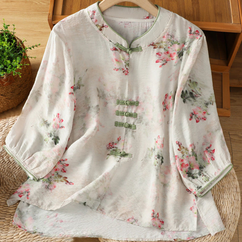 Buddha Stones Printing Floral Plain Chinese Frog-Button Damen Baumwolle Dreiviertelärmel Hemd - Weiß - US12, UK/AU16, EU44 (2XL) - image 0