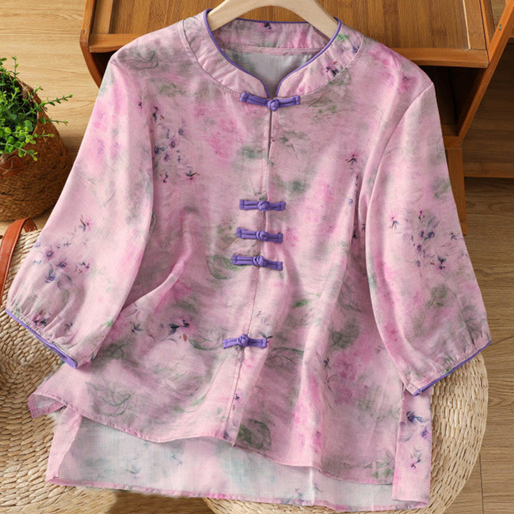 Buddha Stones Printing Floral Plain Chinese Frog-Button Damen Baumwolle Dreiviertelärmel Hemd - Violett - US12, UK/AU16, EU44 (2XL) - image 15