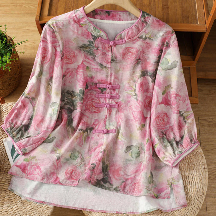 Buddha Stones Printing Floral Plain Chinese Frog-Button Damen Baumwolle Dreiviertelärmel Hemd - Knallpink - US12, UK/AU16, EU44 (2XL) - image 6