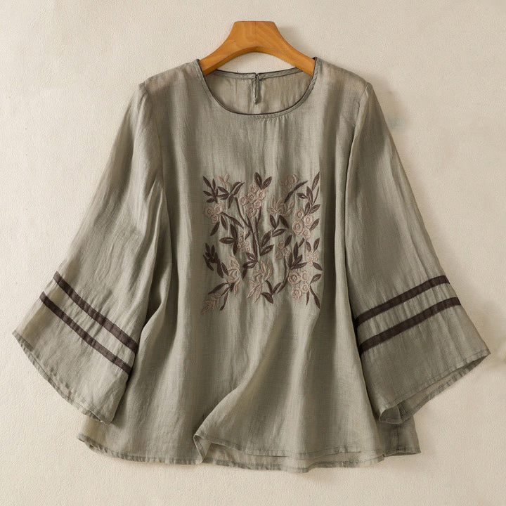 Buddha Stones ​​Retro-Stickerei Blumen Dreiviertelärmel Damen Baumwoll-T-Shirt - Dunkelseegrün - US14, UK/AU18, EU46 (2XL) - image 8