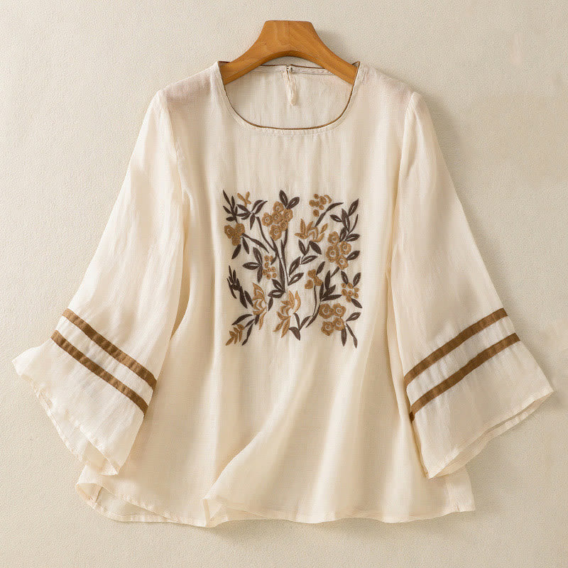 Buddha Stones Retro Stickerei Blumen Dreiviertelärmel Damen Baumwoll-T-Shirt - Beige - US14, UK/AU18,EU46 (2XL) - image 1