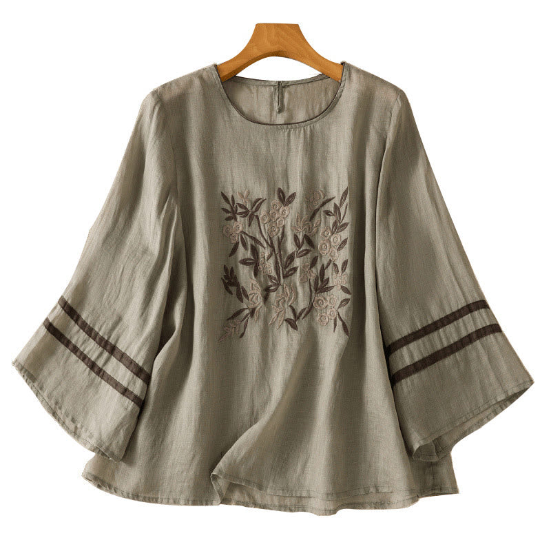 Buddha Stones Retro Stickerei Blumen Dreiviertelärmel Damen Baumwoll-T-Shirt - image 16