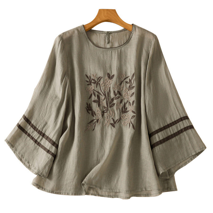 Buddha Stones Retro Stickerei Blumen Dreiviertelärmel Damen Baumwoll-T-Shirt - image 16