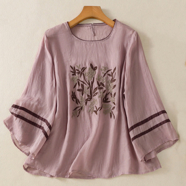 Buddha Stones ​​Retro-Stickerei Blumen Dreiviertelärmel Damen Baumwoll-T-Shirt - RosyBrown - US14, UK/AU18, EU46 (2XL) - image 23