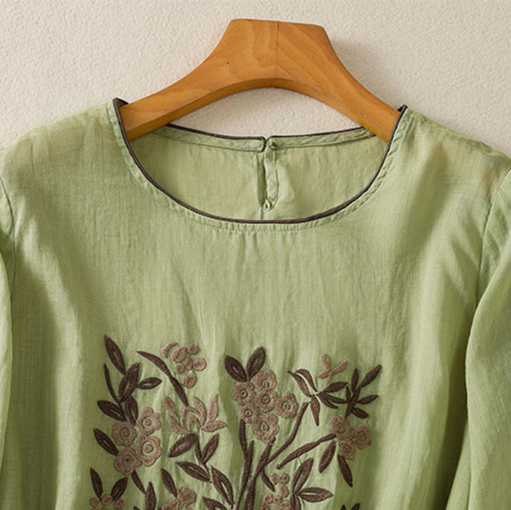 Buddha Stones ​​Retro-Stickerei Blumen Dreiviertelärmel Damen Baumwoll-T-Shirt - image 18