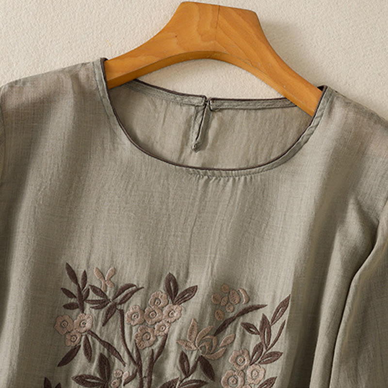 Buddha Stones Retro Stickerei Blumen Dreiviertelärmel Damen Baumwoll-T-Shirt - image 11