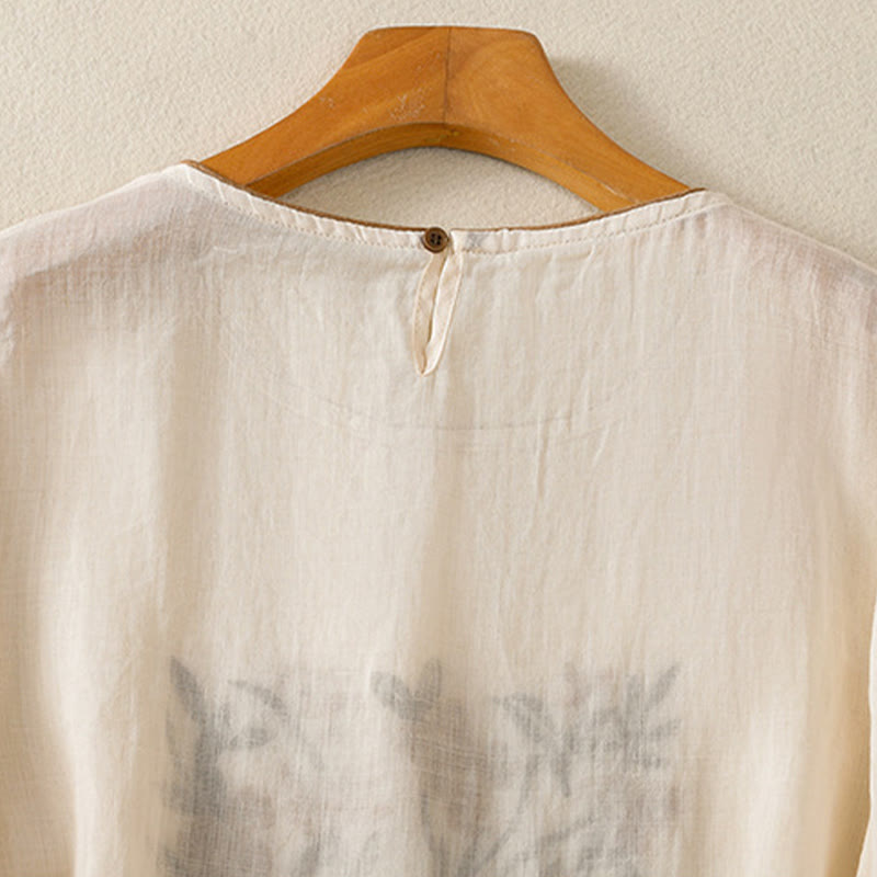 Buddha Stones Retro Stickerei Blumen Dreiviertelärmel Damen Baumwoll-T-Shirt - image 4