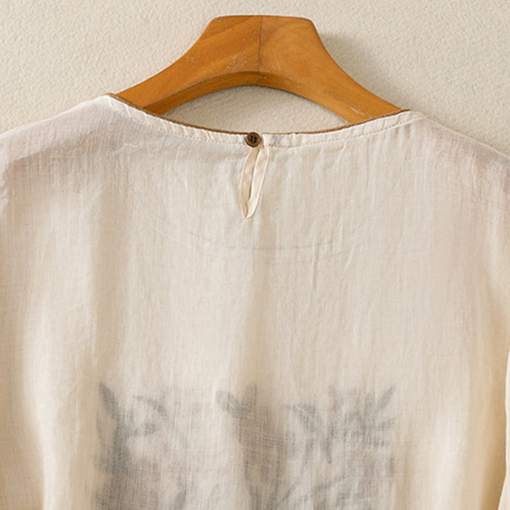 Buddha Stones Retro Stickerei Blumen Dreiviertelärmel Damen Baumwoll-T-Shirt - image 4
