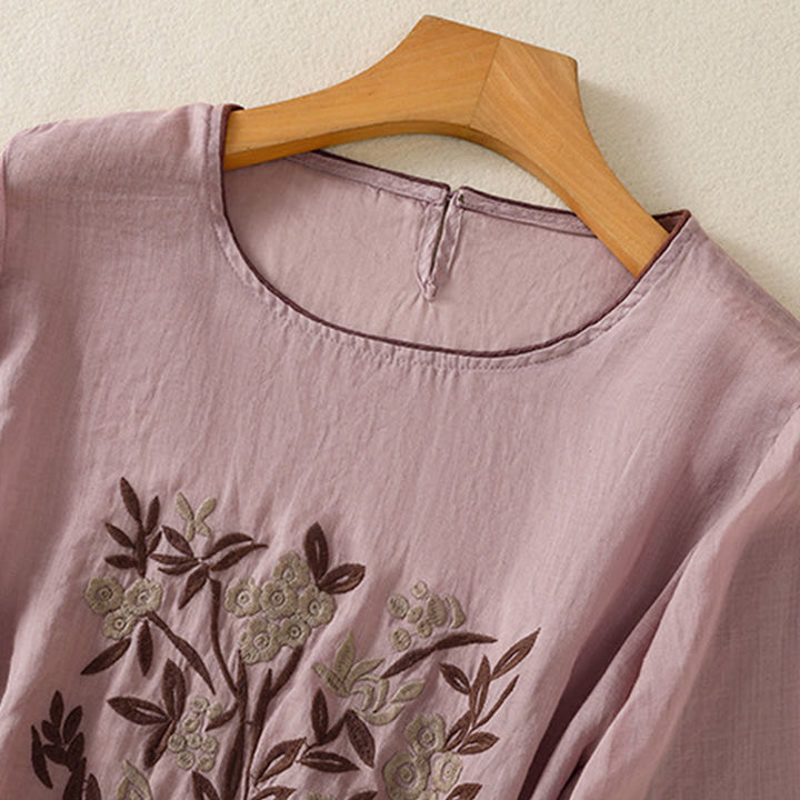 Buddha Stones Retro Stickerei Blumen Dreiviertelärmel Damen Baumwoll-T-Shirt - image 25