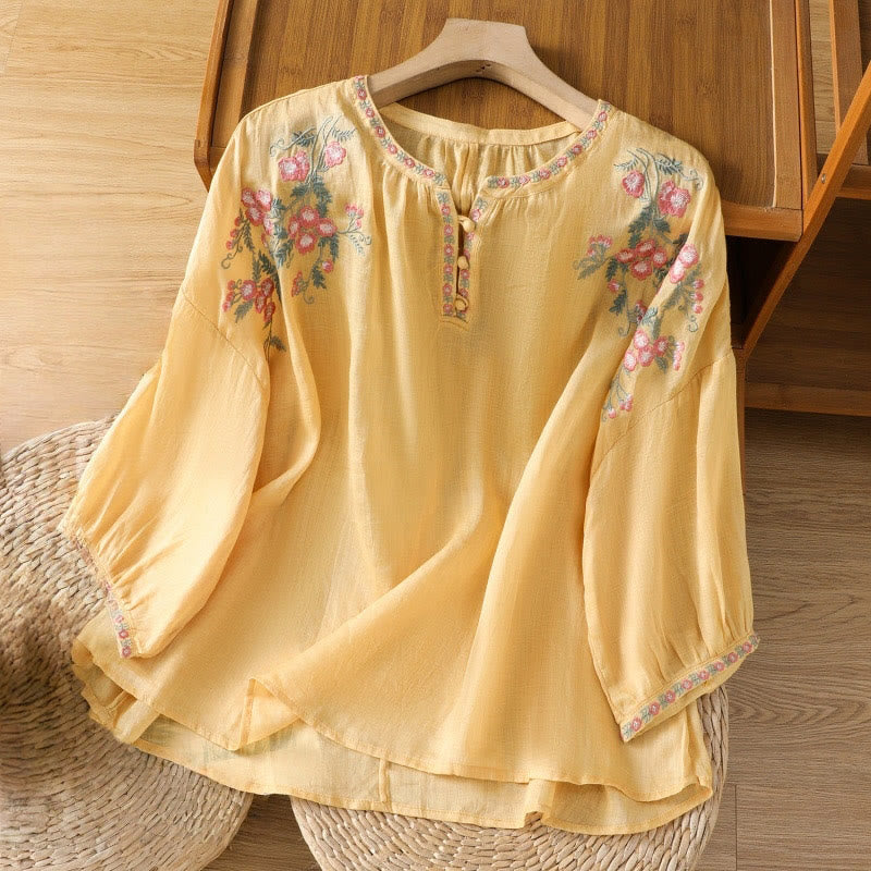 Damen-Baumwollhemd mit Buddha Stones -Stickerei und Dreiviertelärmeln und gekerbtem Hals - Gold - US12， UK/AU16，EU44 (2XL) - image 1