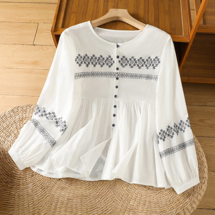Damen-Baumwollhemd mit Buddha Stones -Stickerei, plissierten Knöpfen und langen Laternenärmeln - Weiß - US12， UK/AU16，EU44 (2XL) - image 1