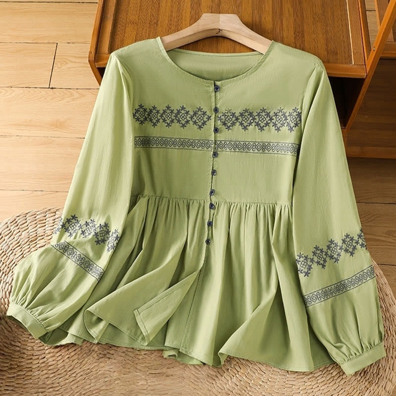 Damen-Baumwollhemd mit Buddha Stones -Stickerei, plissierten Knöpfen und langen Laternenärmeln - Gelbgrün - US12, UK/AU16, EU44 (2XL) - image 19