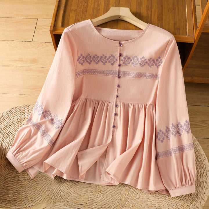 Damen-Baumwollhemd mit Buddha Stones -Stickerei, plissierten Knöpfen und langen Laternenärmeln - LightSalmon - US12， UK/AU16，EU44 (2XL) - image 10