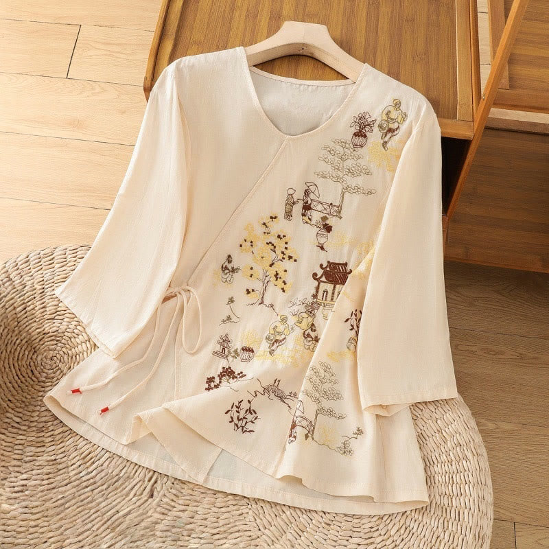 Buddha Stones Retro Stickerei Schnürung Damen Dreiviertelärmel Baumwoll-Leinen-T-Shirt - ZitroneChiffon - US12， UK/AU16，EU44 (2XL) - image 1