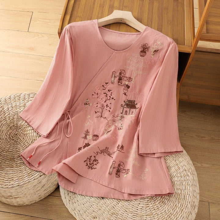 Buddha Stones Retro Stickerei Schnürung Damen Dreiviertelärmel Baumwoll-Leinen-T-Shirt - Lachs - US12， UK/AU16，EU44 (2XL) - image 8
