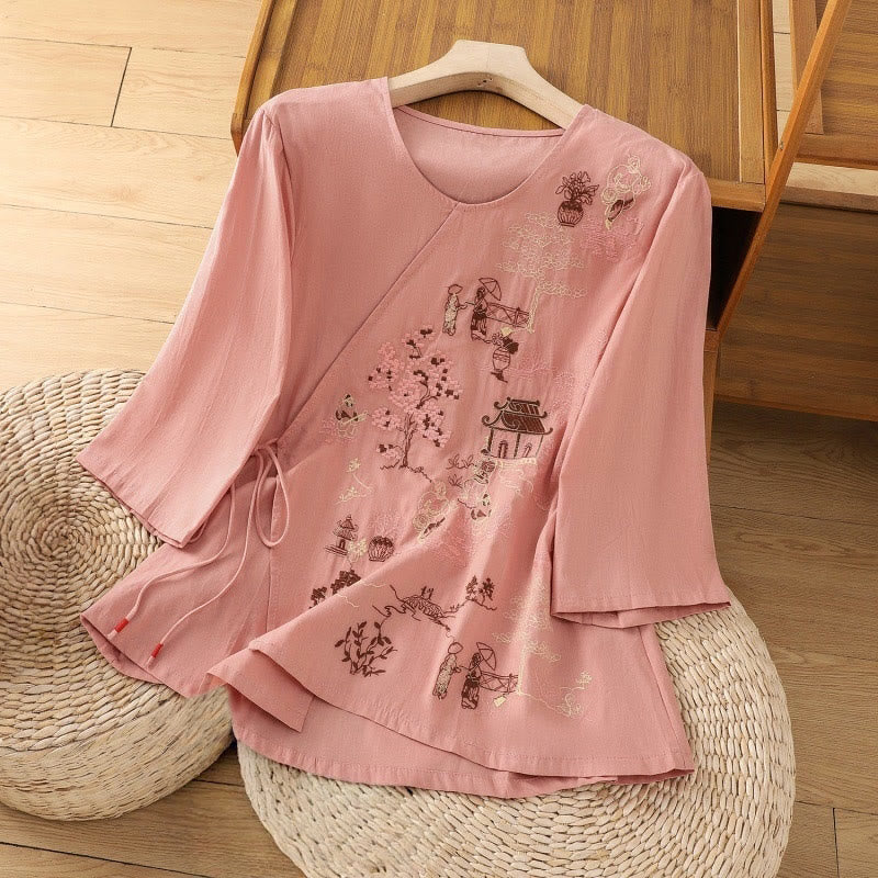 Buddha Stones Retro Stickerei Schnürung Damen Dreiviertelärmel Baumwoll-Leinen-T-Shirt - Lachs - US12, UK/AU16, EU44 (2XL) - image 8