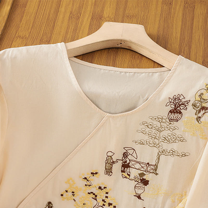 Buddha Stones Retro Stickerei Schnürung Damen Dreiviertelärmel Baumwoll-Leinen-T-Shirt - image 2