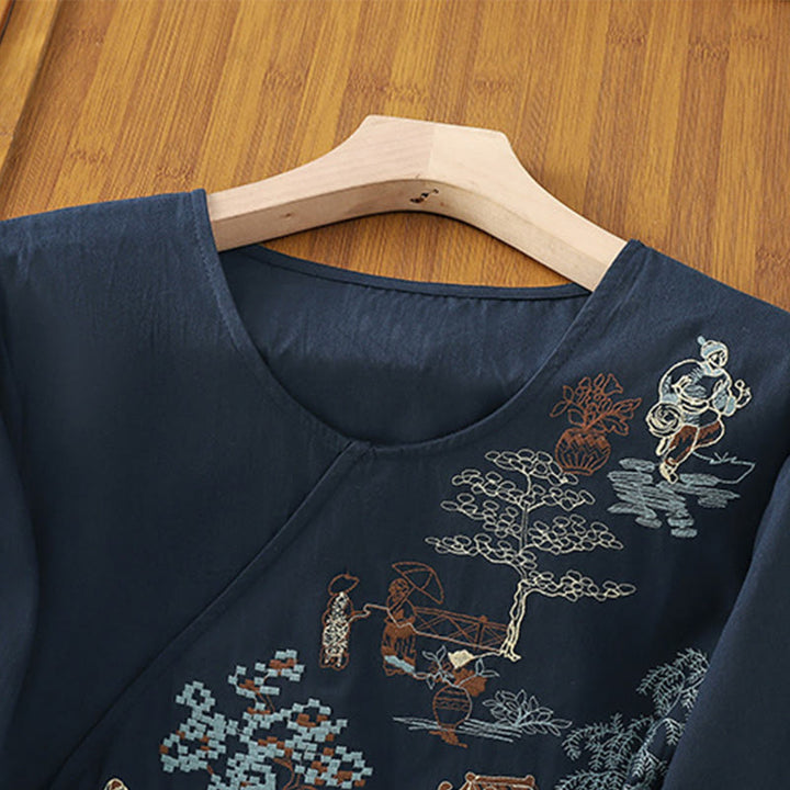Buddha Stones Retro Stickerei Schnürung Damen Dreiviertelärmel Baumwoll-Leinen-T-Shirt - image 16