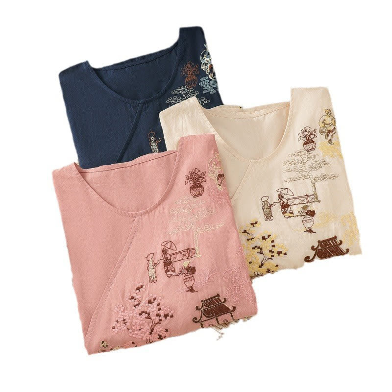 Buddha Stones Retro Stickerei Schnürung Damen Dreiviertelärmel Baumwoll-Leinen-T-Shirt - image 23