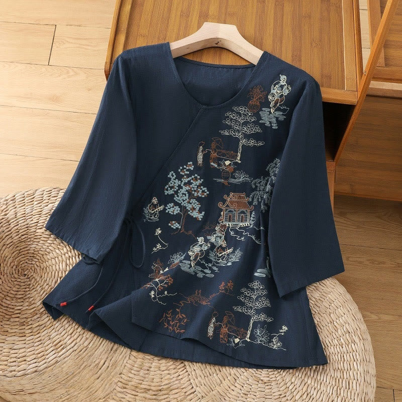 Buddha Stones Retro Stickerei Schnürung Damen Dreiviertelärmel Baumwoll-Leinen-T-Shirt - Mitternachtsblau - US12, UK/AU16, EU44 (2XL) - image 14