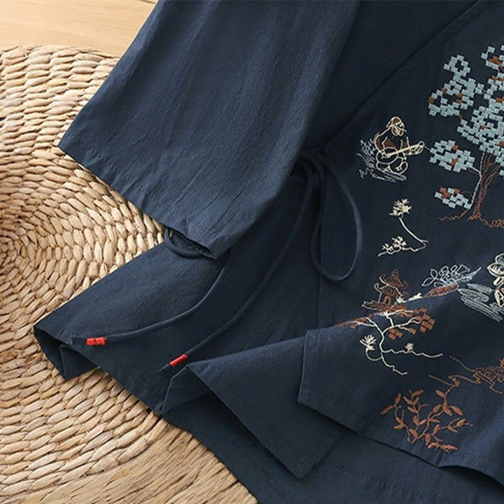 Buddha Stones Retro Stickerei Schnürung Damen Dreiviertelärmel Baumwoll-Leinen-T-Shirt - image 19