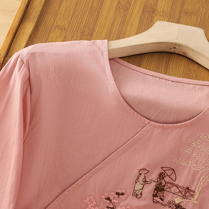 Buddha Stones Retro Stickerei Schnürung Damen Dreiviertelärmel Baumwoll-Leinen-T-Shirt - image 10