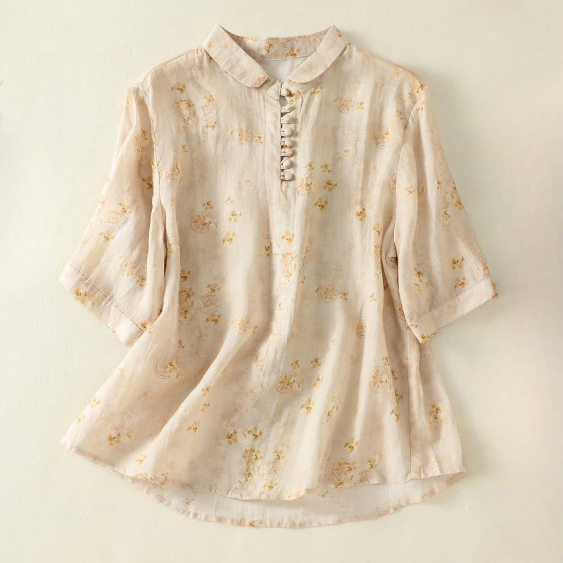 Buddha Stones Printing Frog-Buttons Revers Halbarm Damen Baumwollhemd - ZitroneChiffon - US8-10， UK/AU12-14，EU40-42 (2XL) - image 8