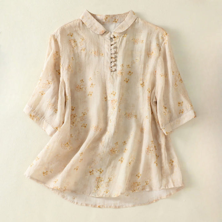 Buddha Stones Printing Frog-Buttons Revers Halbarm Damen Baumwollhemd - ZitroneChiffon - US8-10， UK/AU12-14，EU40-42 (2XL) - image 8