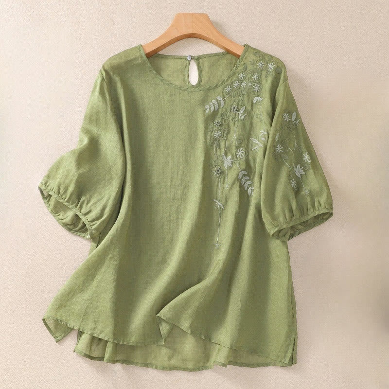 Damen-T-Shirt aus Baumwolle und Leinen mit halblangen Ärmeln und Buddha Stones -Stickerei und floralem Saumschlitz - Limettengrün - US14， UK/AU18，EU46 (2XL) - image 1