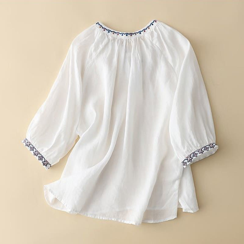 Buddha Stones ​​Sommer-T-Shirt mit Stickerei, Dreiviertel-Laternenärmeln für Damen - image 6