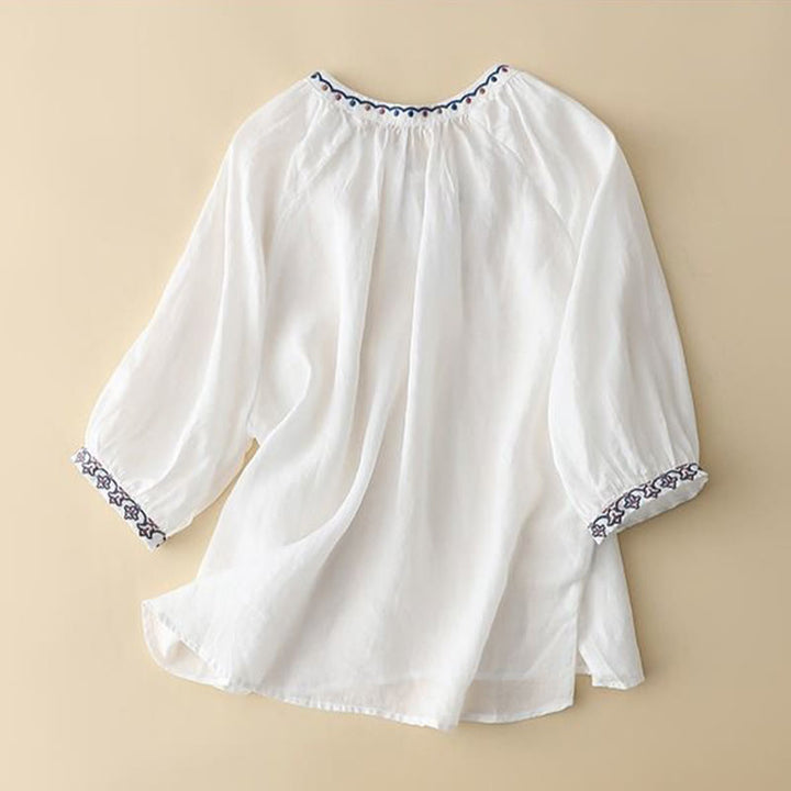 Buddha Stones Sommer-T-Shirt aus Baumwolle und Leinen mit Dreiviertelärmeln und Laternenärmeln für Damen - image 7