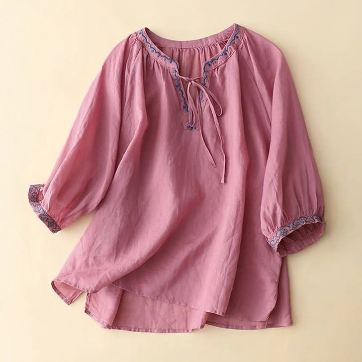Buddha Stones Sommer-T-Shirt aus Baumwolle und Leinen mit Dreiviertelärmeln und Laternenärmeln für Damen - BlassViolettRot - US14, UK/AU18,EU46 (3XL) - image 12