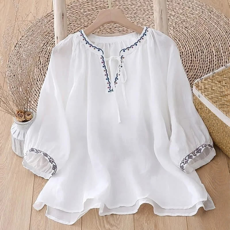 Buddha Stones Sommer-T-Shirt aus Baumwolle und Leinen mit Dreiviertelärmeln und Laternenärmeln für Damen - image 6