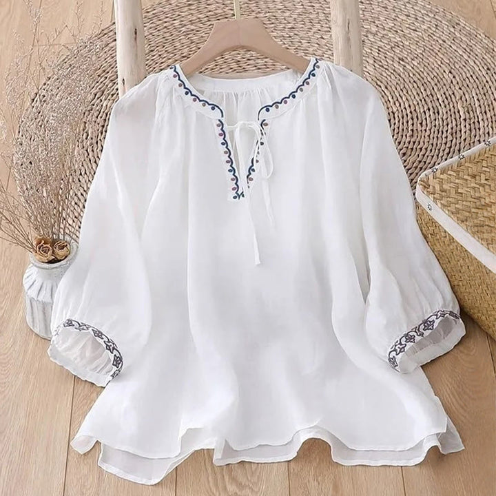 Buddha Stones Sommer-T-Shirt aus Baumwolle und Leinen mit Dreiviertelärmeln und Laternenärmeln für Damen - image 6