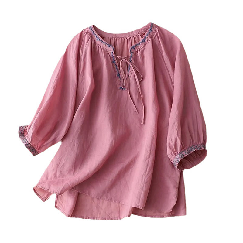 Buddha Stones Sommer-T-Shirt aus Baumwolle und Leinen mit Dreiviertelärmeln und Laternenärmeln für Damen - image 16
