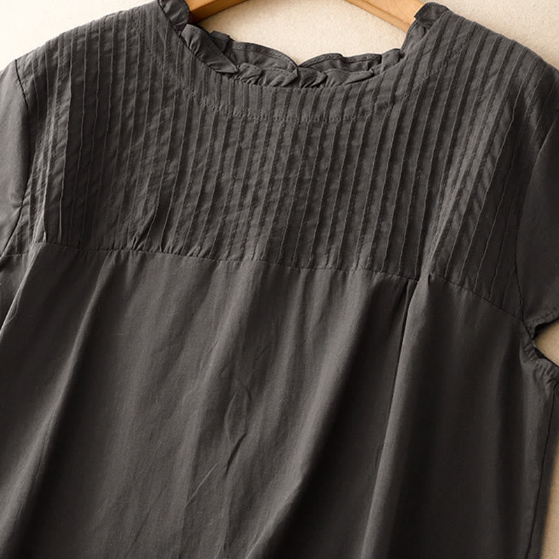 Buddha Stones Sommer-T-Shirt für Damen, einfarbig, mit Rüschen und Falten, Kurzarm - image 7