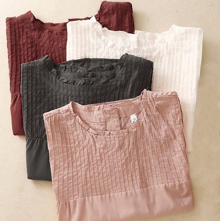 Buddha Stones Sommer-T-Shirt für Damen, einfarbig, mit Rüschen und Falten, Kurzarm - image 19