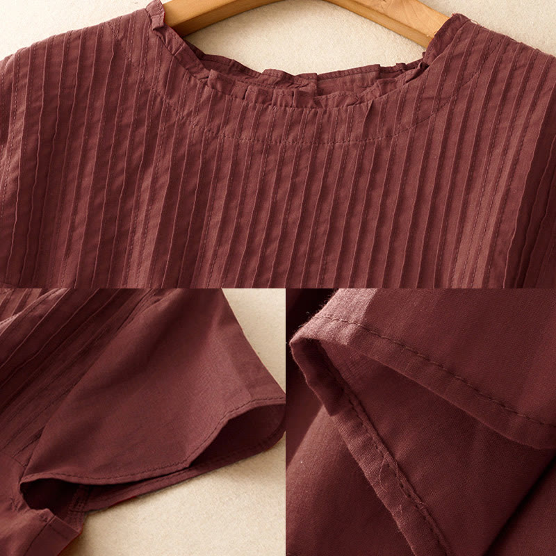 Buddha Stones Sommer Reine Farbe Rüschen Plissee Design Damen Baumwolle Kurzarm Shirt - image 19