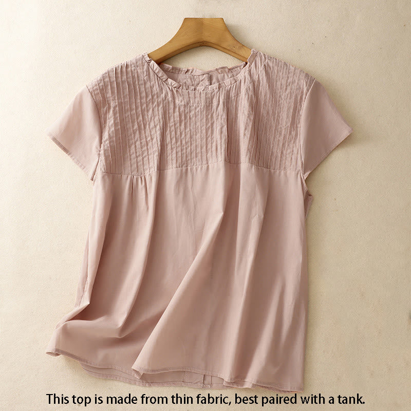 Buddha Stones Sommer Reine Farbe Rüschen Plissee Design Damen Baumwolle Kurzarm Shirt - image 2