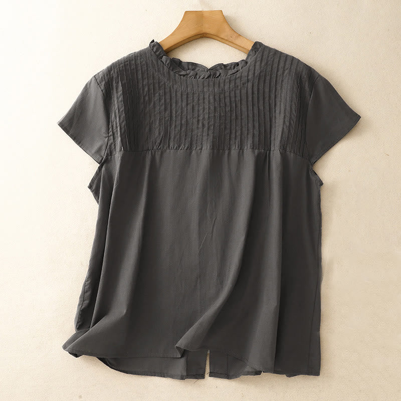 Buddha Stones Sommer Reine Farbe Rüschen Plissee Design Damen Baumwolle Kurzarm Shirt - DunkelSchiefergrau - US12， UK/AU16，EU44 (2XL) - image 7
