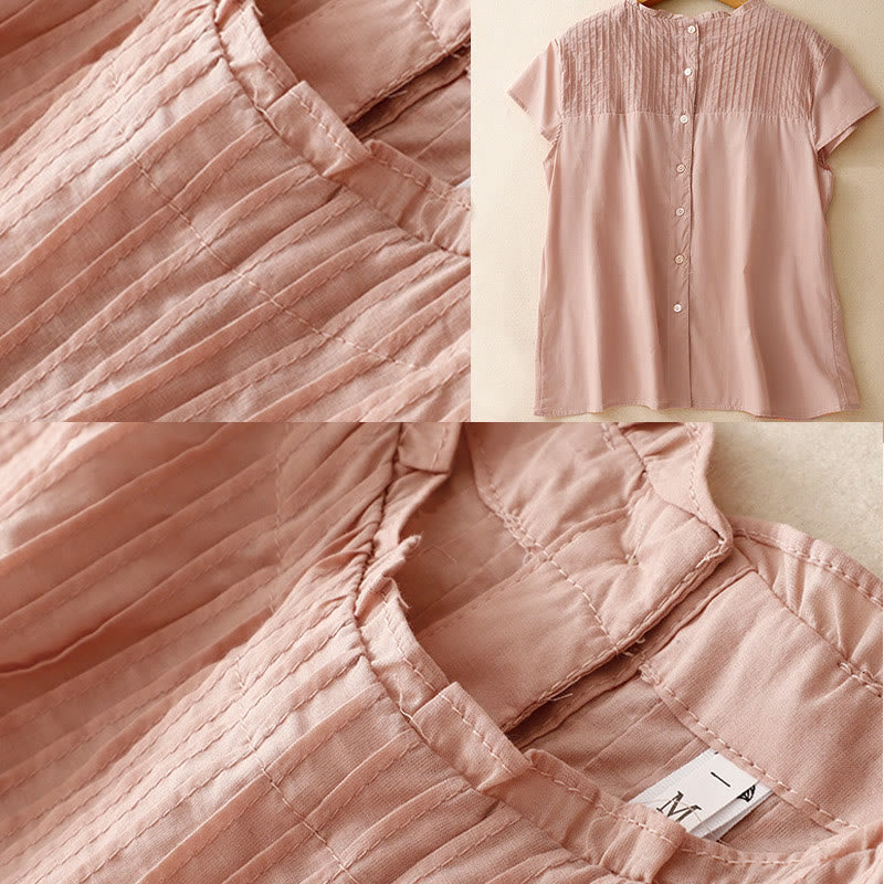 Buddha Stones Sommer-T-Shirt für Damen, einfarbig, mit Rüschen und Falten, Kurzarm - image 4