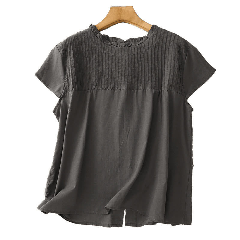 Buddha Stones Sommer Reine Farbe Rüschen Plissee Design Damen Baumwolle Kurzarm Shirt - image 10