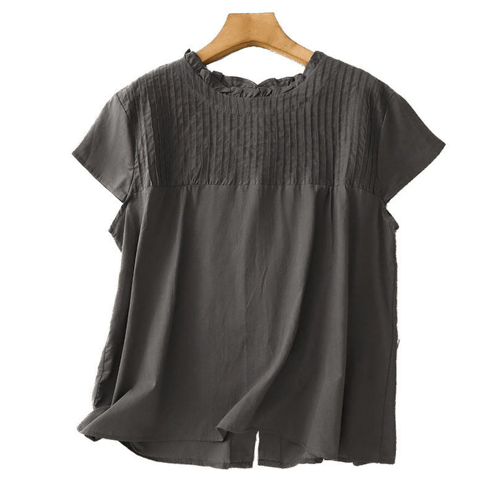 Buddha Stones Sommer Reine Farbe Rüschen Plissee Design Damen Baumwolle Kurzarm Shirt - image 10