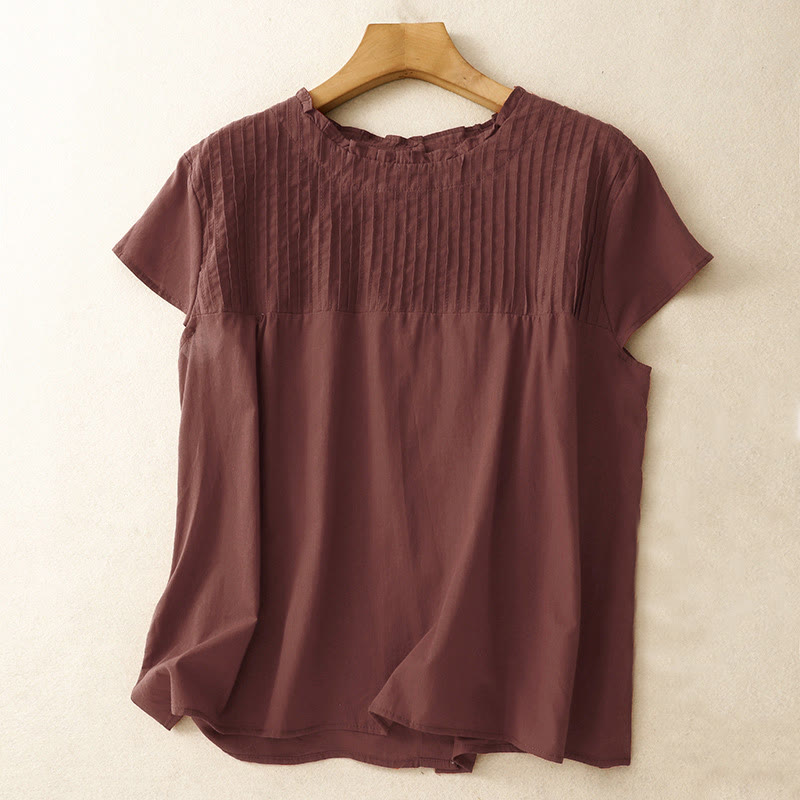 Buddha Stones Sommer Reine Farbe Rüschen Plissee Design Damen Baumwolle Kurzarm Shirt - Dunkelrot - US12， UK/AU16，EU44 (2XL) - image 16